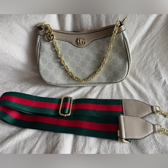 Gucci Handbags - Gucci Beige Monogram Shoulder Bag with Green & Red Web Strap